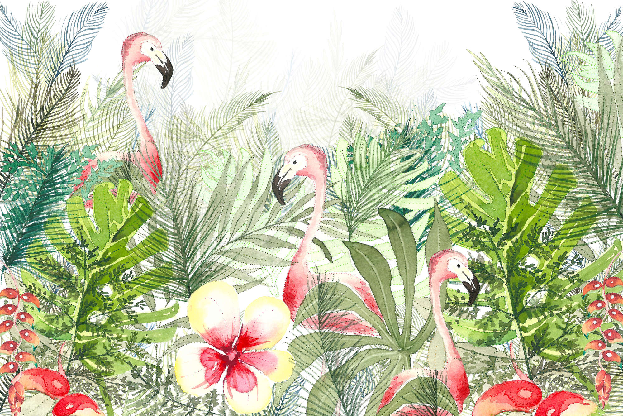             Aquarell Fototapete Flamingo, Blätter & Blüten auf Perlmutt Glattvlies
        