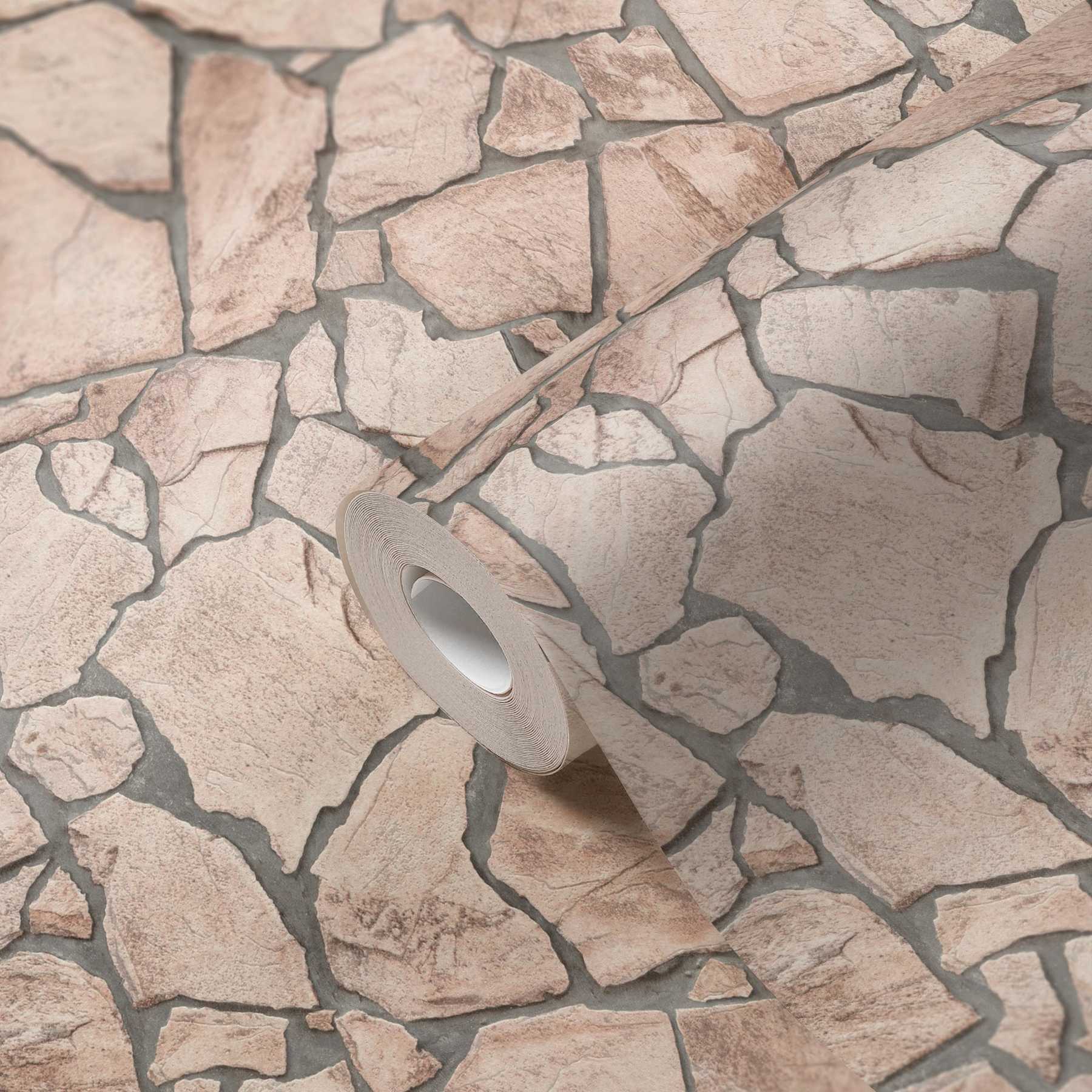             Steintapete 3D-Effekt, realistisches Natursteinmuster – Beige, Grau, Braun
        
