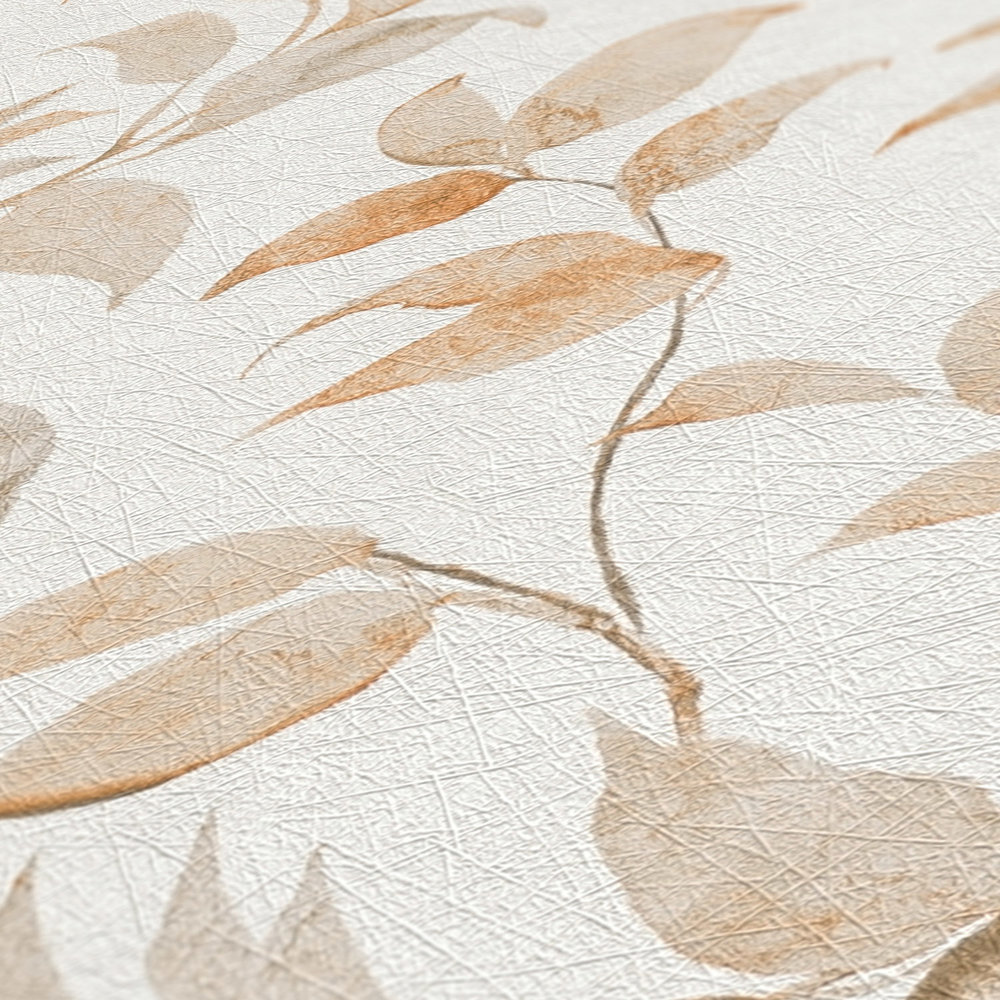             Blätter-Tapete floral schimmernd strukturiert – Weiß, orange
        