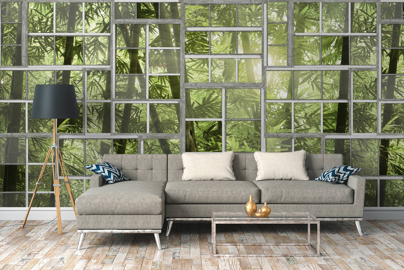             Fototapete Fenster mit Dschungel-Ausblick, Retro-Look – Grün, Grau, Weiß
        