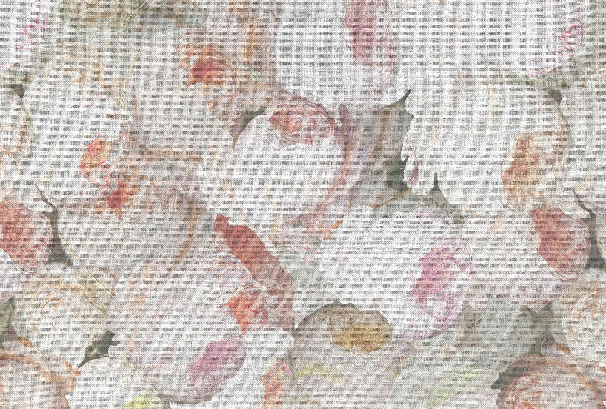             Rosen Fototapete mit Blüten & Leinenoptik – Rosa, Weiß
        