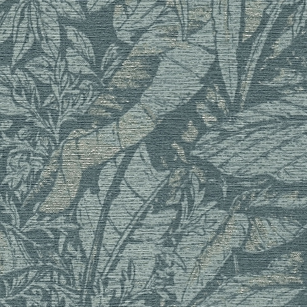            Florale Vliestapete mit Palmenblätter Muster – Blau, Petrol, Silber
        