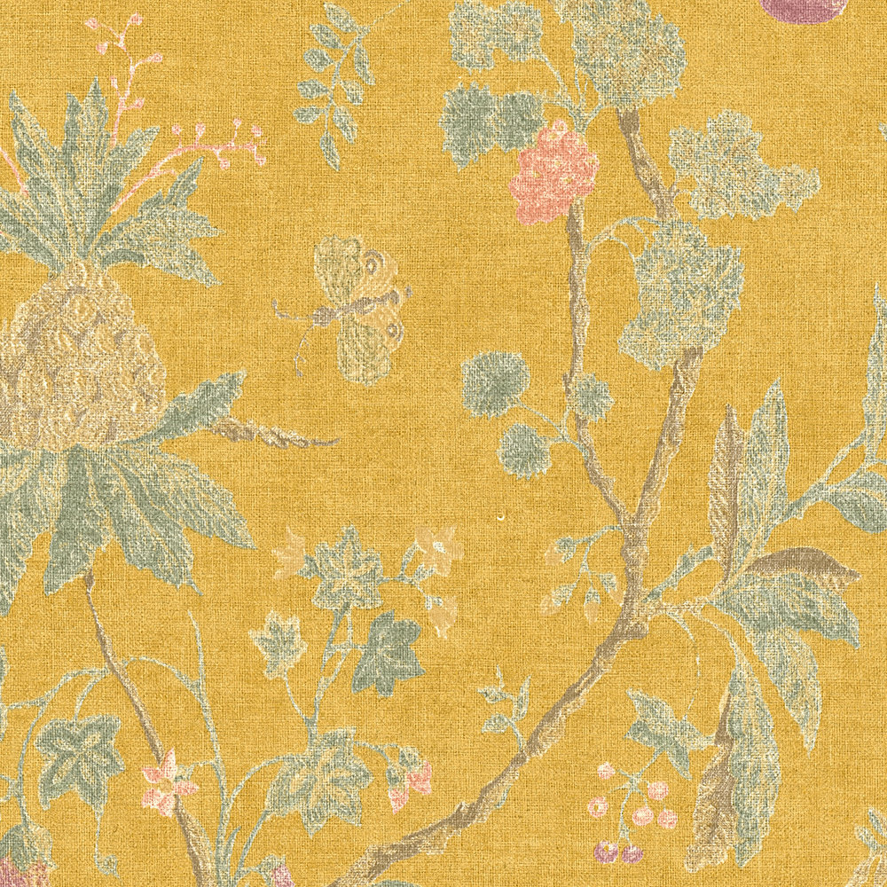             Vintage Tapete florales Muster & Leinenoptik – Gelb
        