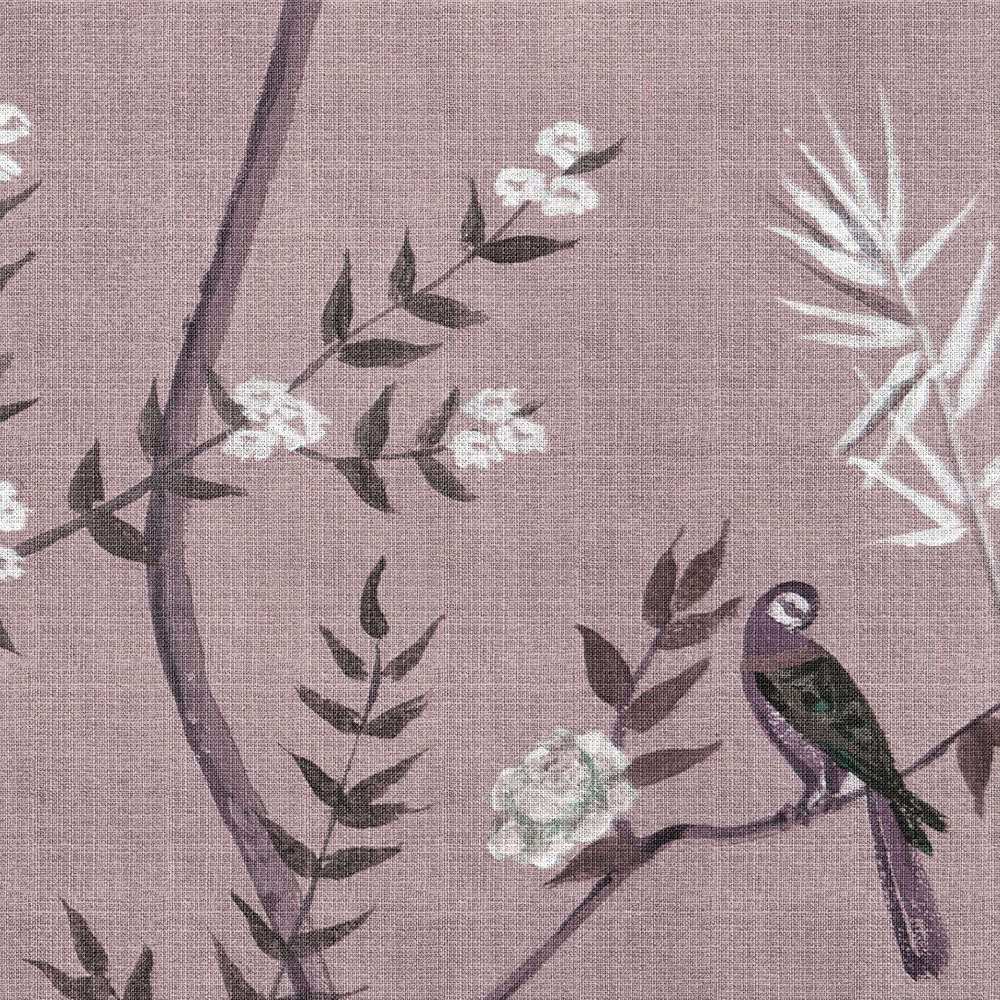             Tea Room 3 – Fototapete Vögel & Blüten Design in Rosa & Weiß
        