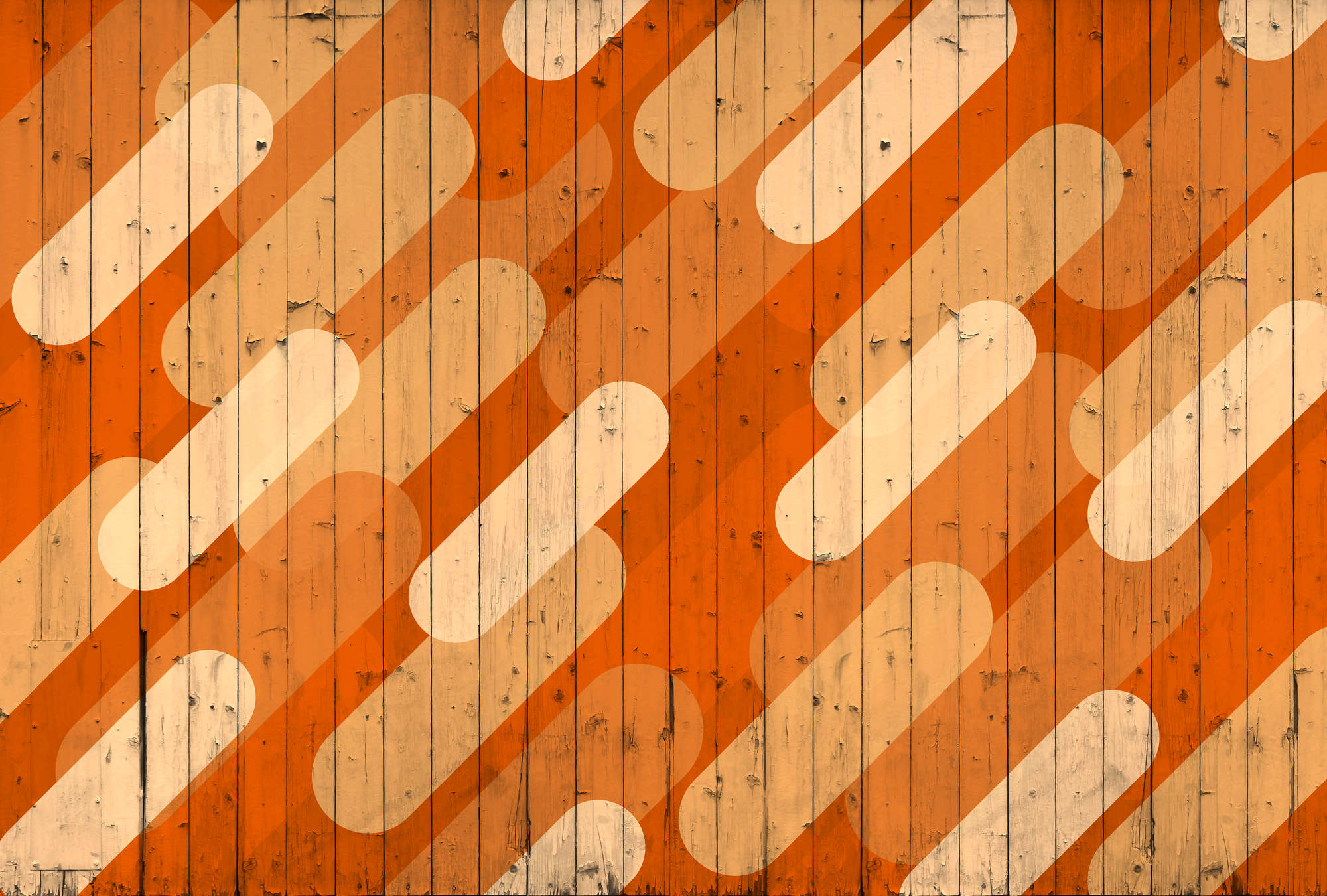             Fototapete mit Bretteroptik & schrägem Streifendesign – Orange, Beige, Creme
        