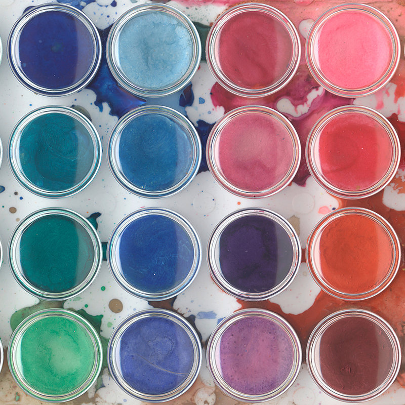 Fototapete Farbpalette, Aquarellfarben – Bunt, Weiß, Blau
