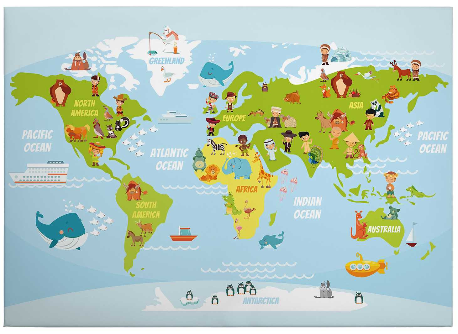             Weltkarte Leinwandbild mit Tieren und Menschen – 0,70 m x 0,50 m
        