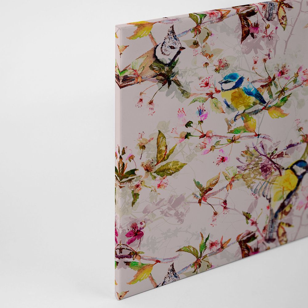             Vögel Leinwandbild im Collage Stil | rosa, gelb – 1,20 m x 0,80 m
        
