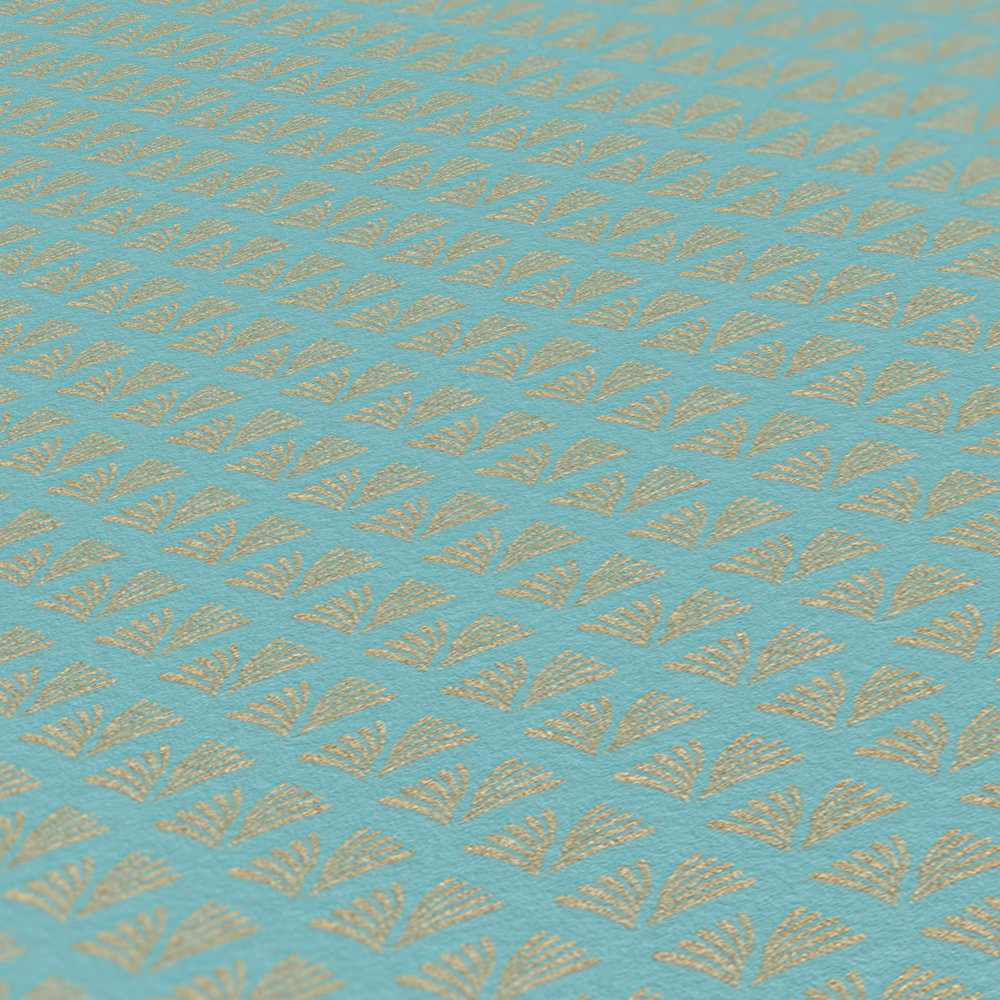             Design Tapete Türkis & Gold mit Retro Muster – Blau, Grün, Metallic
        