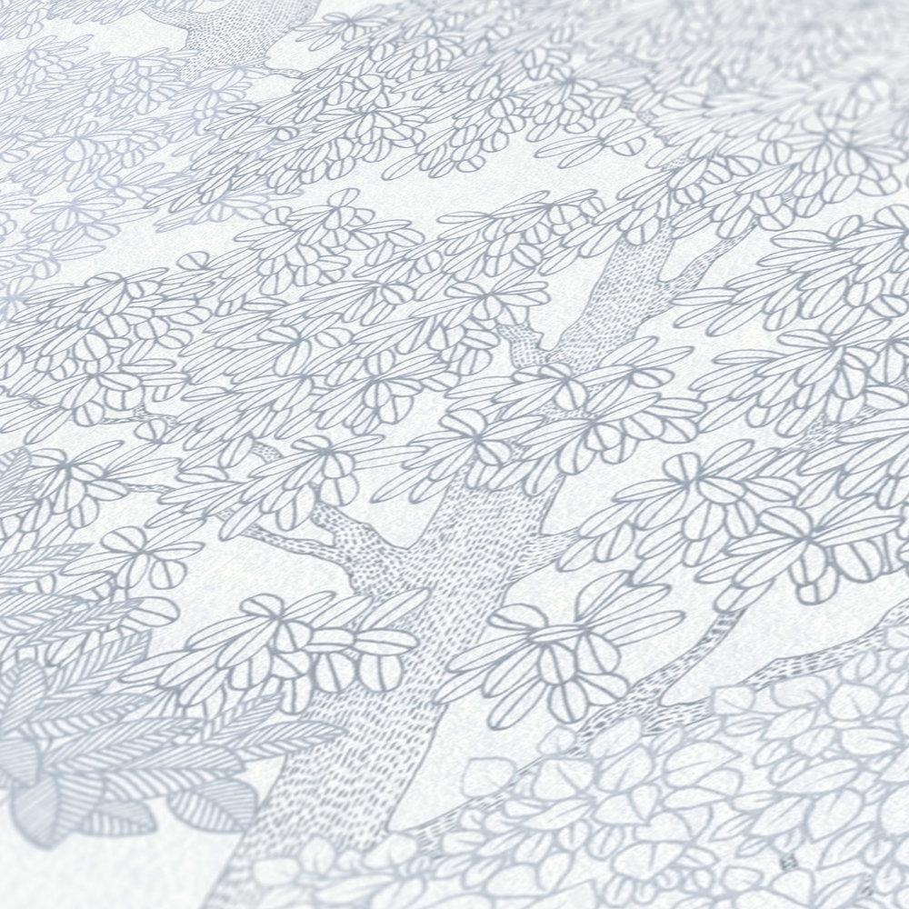             Tapete Grau mit Wald Muster & Bäumen im Zeichenstil – Grau, Weiß
        