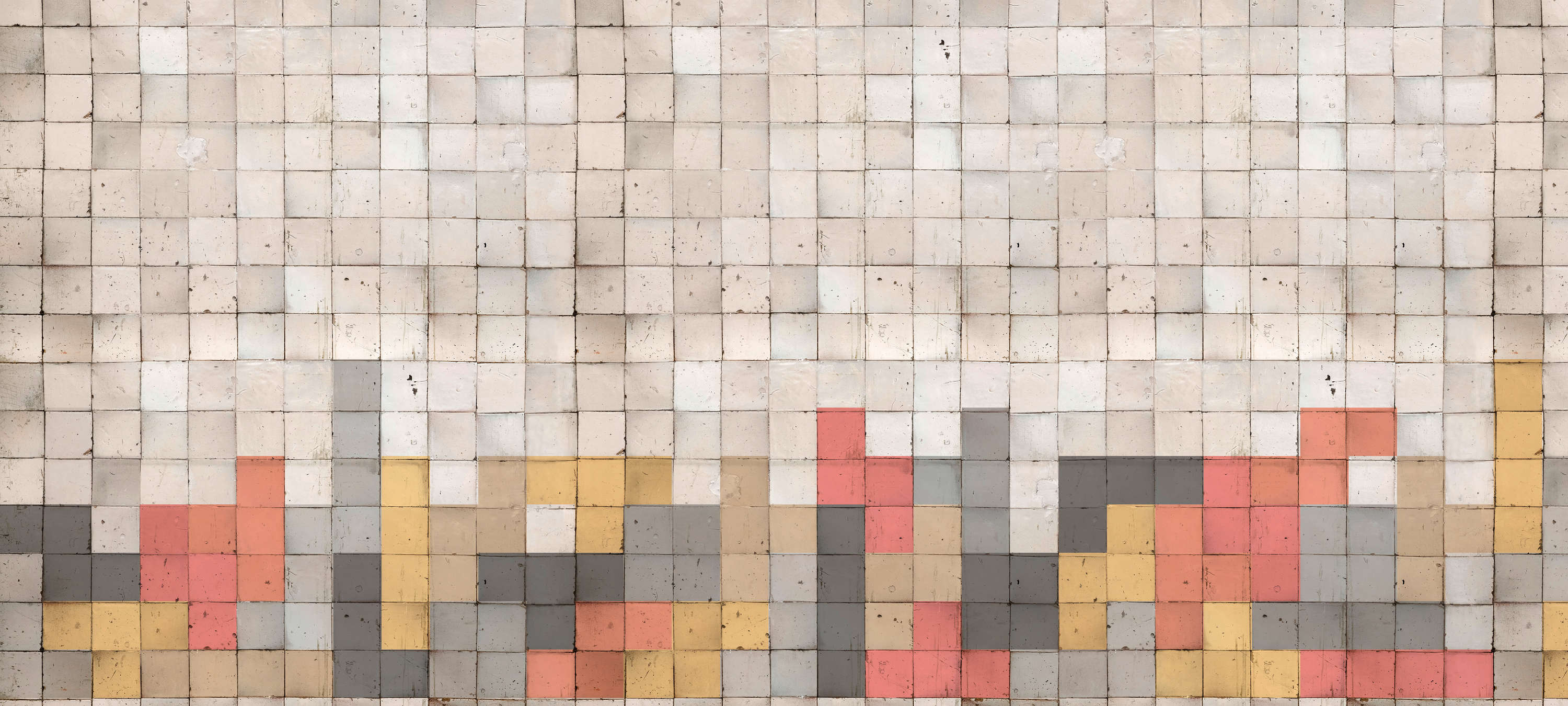             Mosaik Fototapete mir Betonblock-Muster – Grau, Orange, Gelb
        