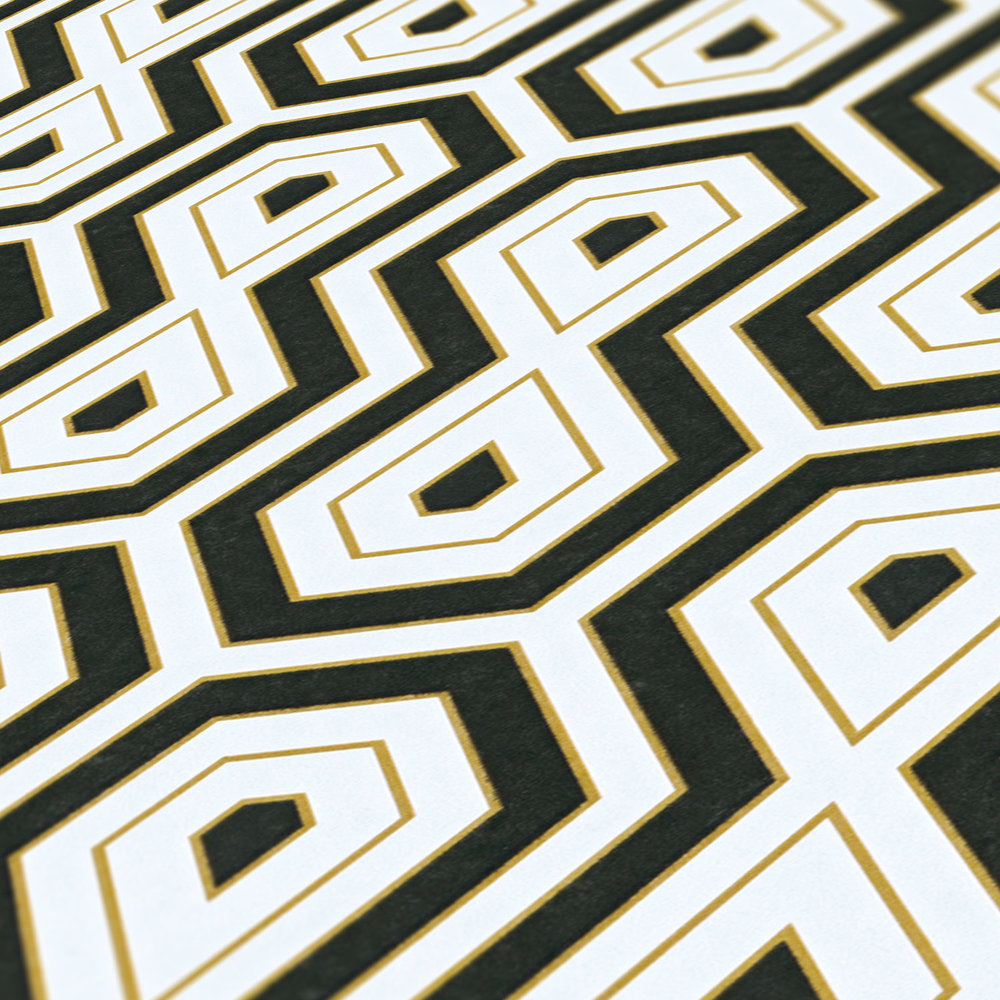             Schwarz-Weiß Tapete mit Gold-Akzent & Retro Grafikdesign
        