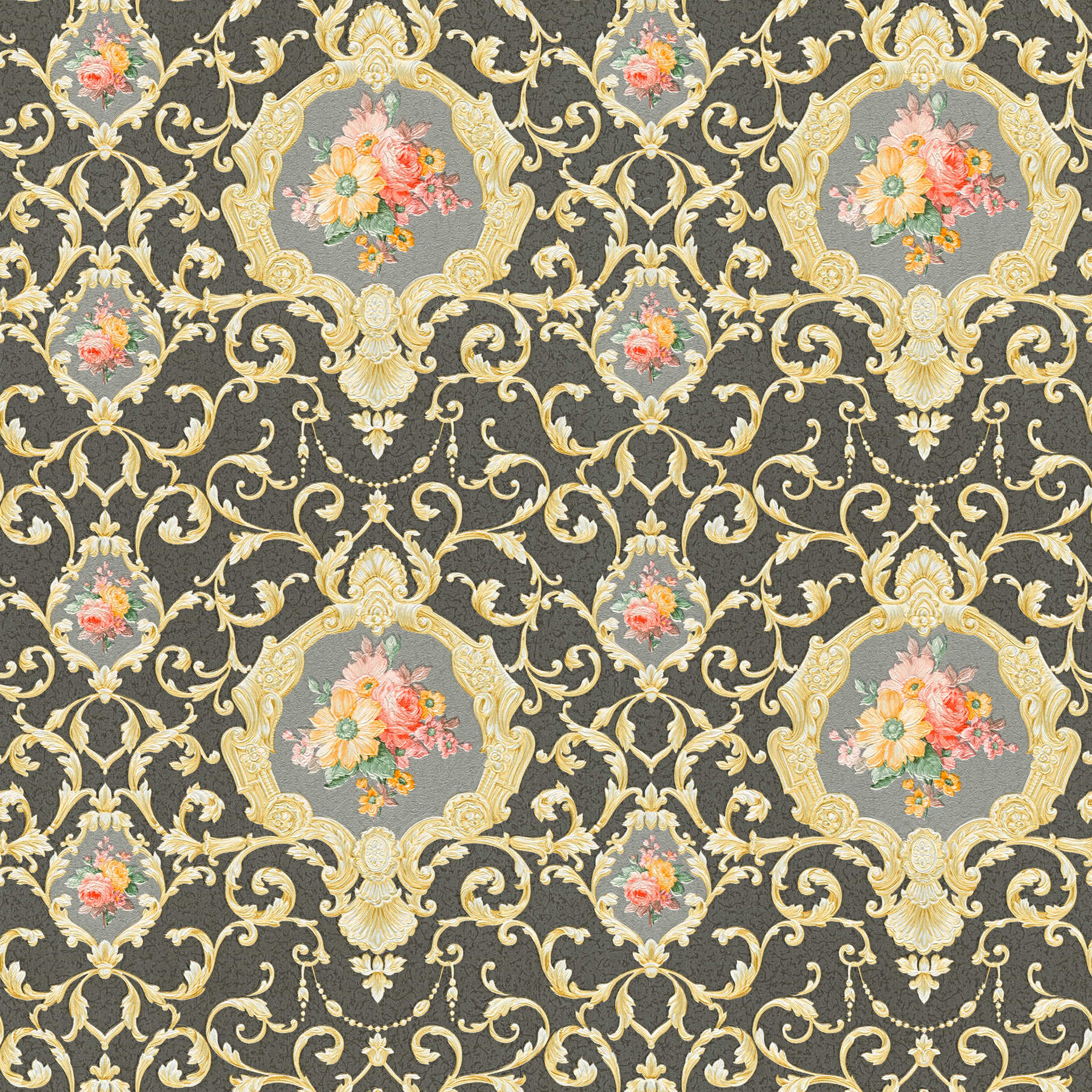 Luxus Tapete mit Ornamentmuster & Blumen-Bouquet – Metallic, Schwarz
