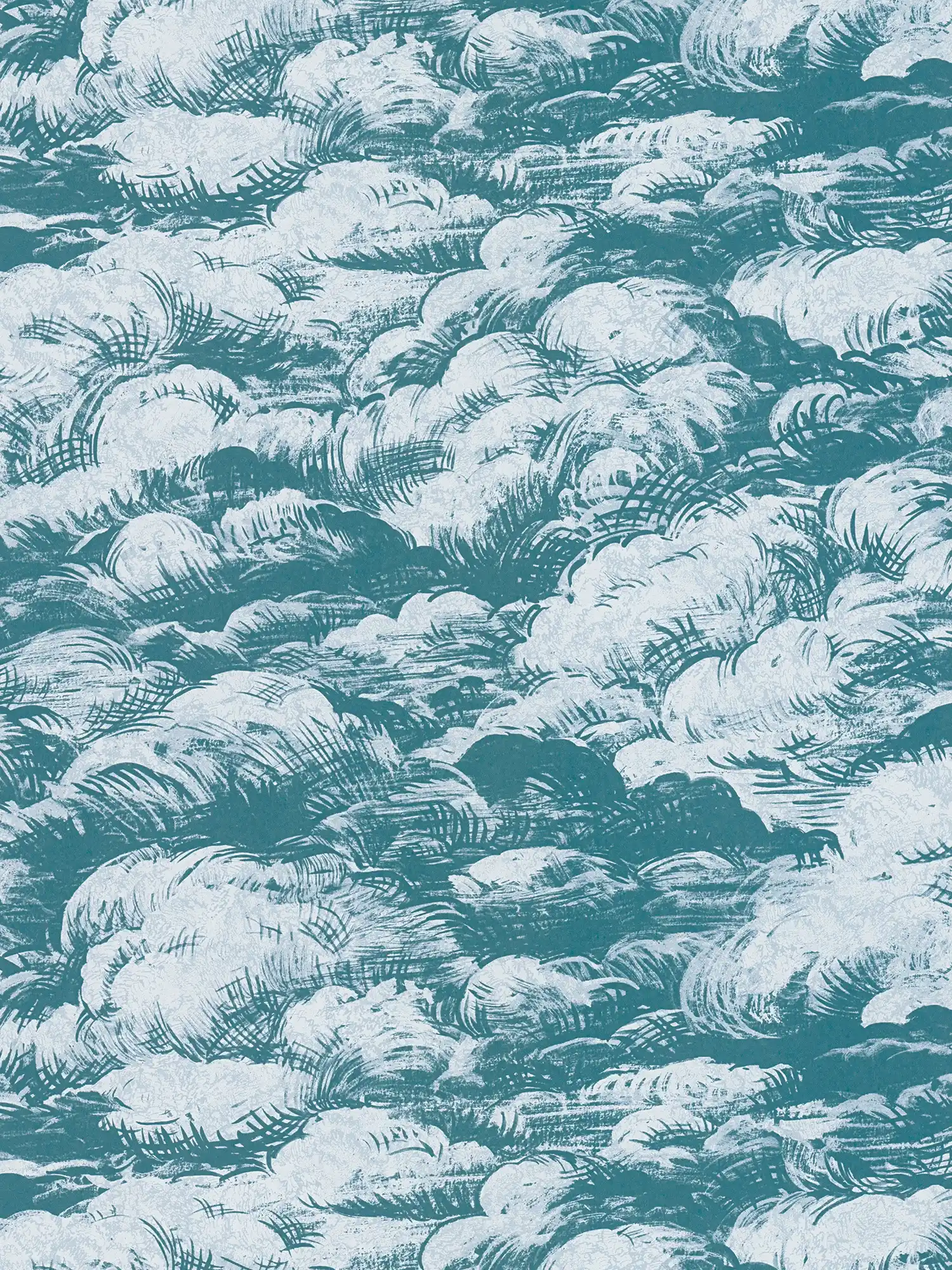 Tapete Blaugrün Wolken Landschaft im Vintage Stil – Blau, Weiß
