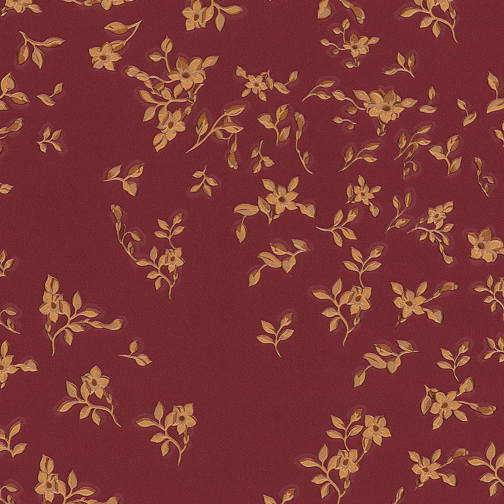             Rote VERSACE Tapete mit Blümchen Muster – Rot, Gold, Braun
        