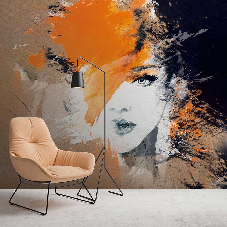 Fototapete mit abstrakter Zeichnung einer Frau – Beige, Orange, Schwarz
