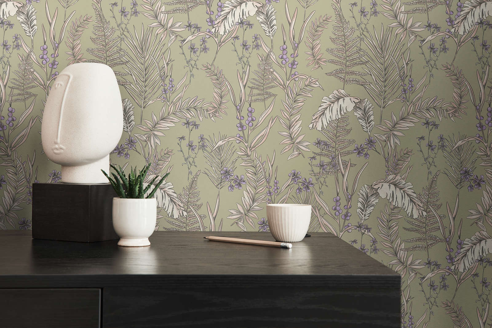             Moderne Tapete im floralen Stil mit Blättern & Blüten strukturiert – Grau, Creme, Lila
        