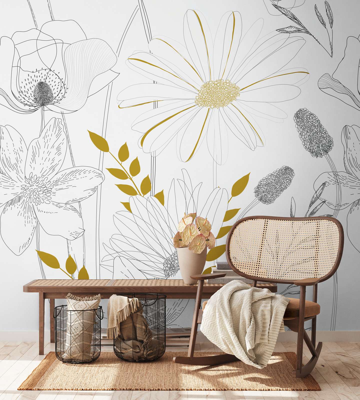             Gezeichnete Blumenmotiv Tapete mit Farbakzenten – Weiß, Schwarz, Gelb
        