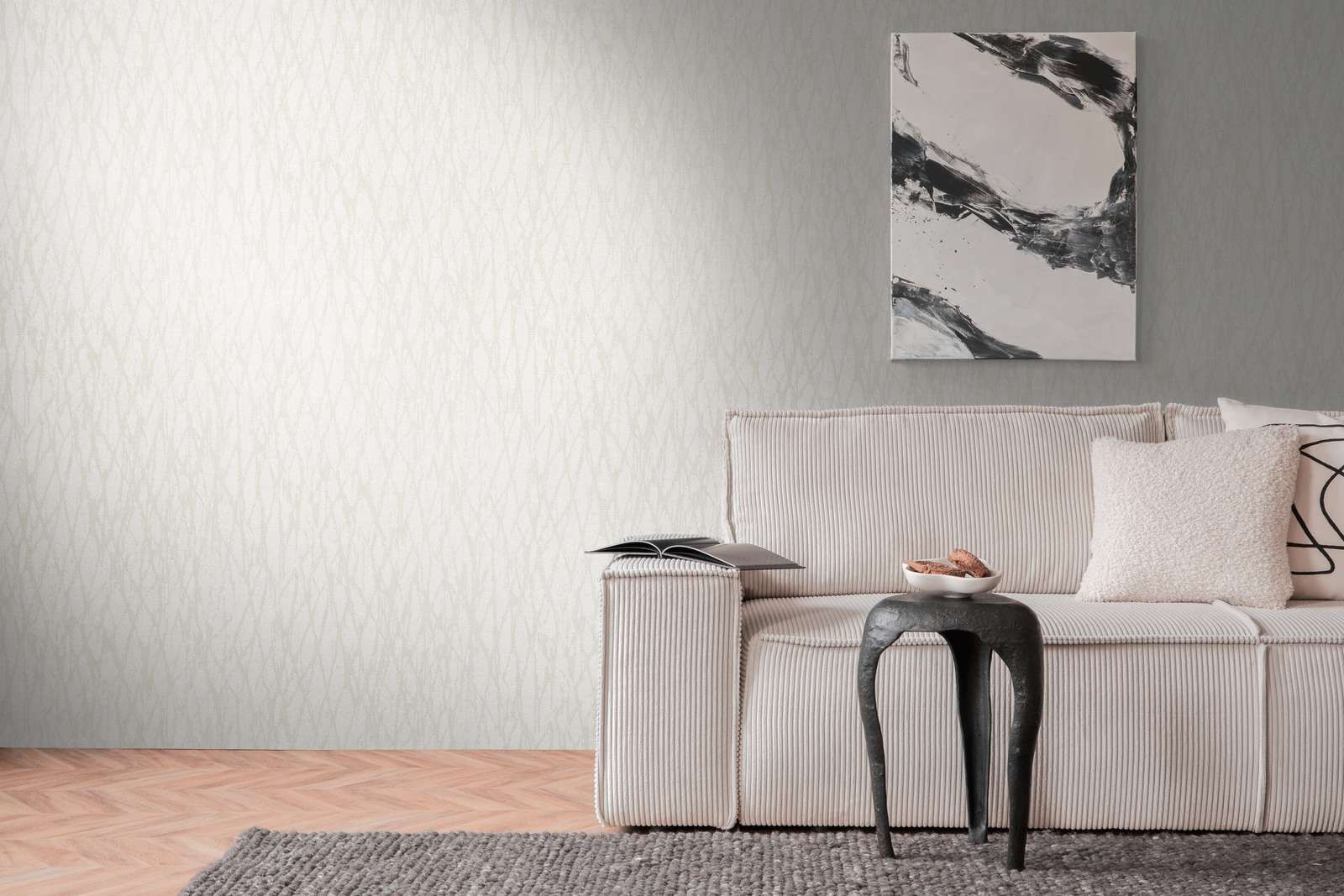             Vliestapete mit abstrakter Linien Bemusterung – Weiß, Beige, Creme
        