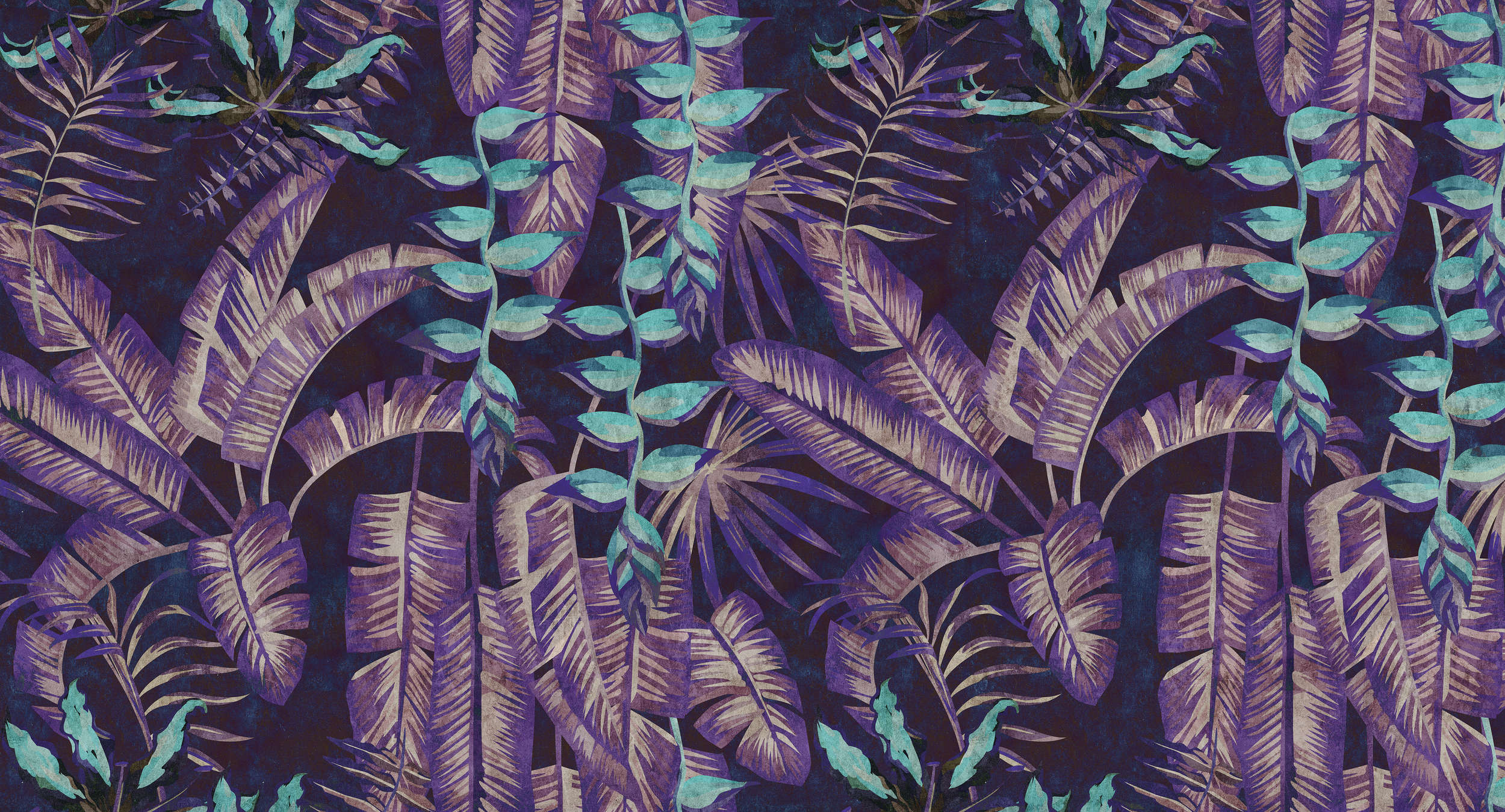             Tropicana 6 - Digitaldrucktapete in Löschpapier Struktur mit Dschungelmotiv – Türkis, Violett | Struktur Vlies
        