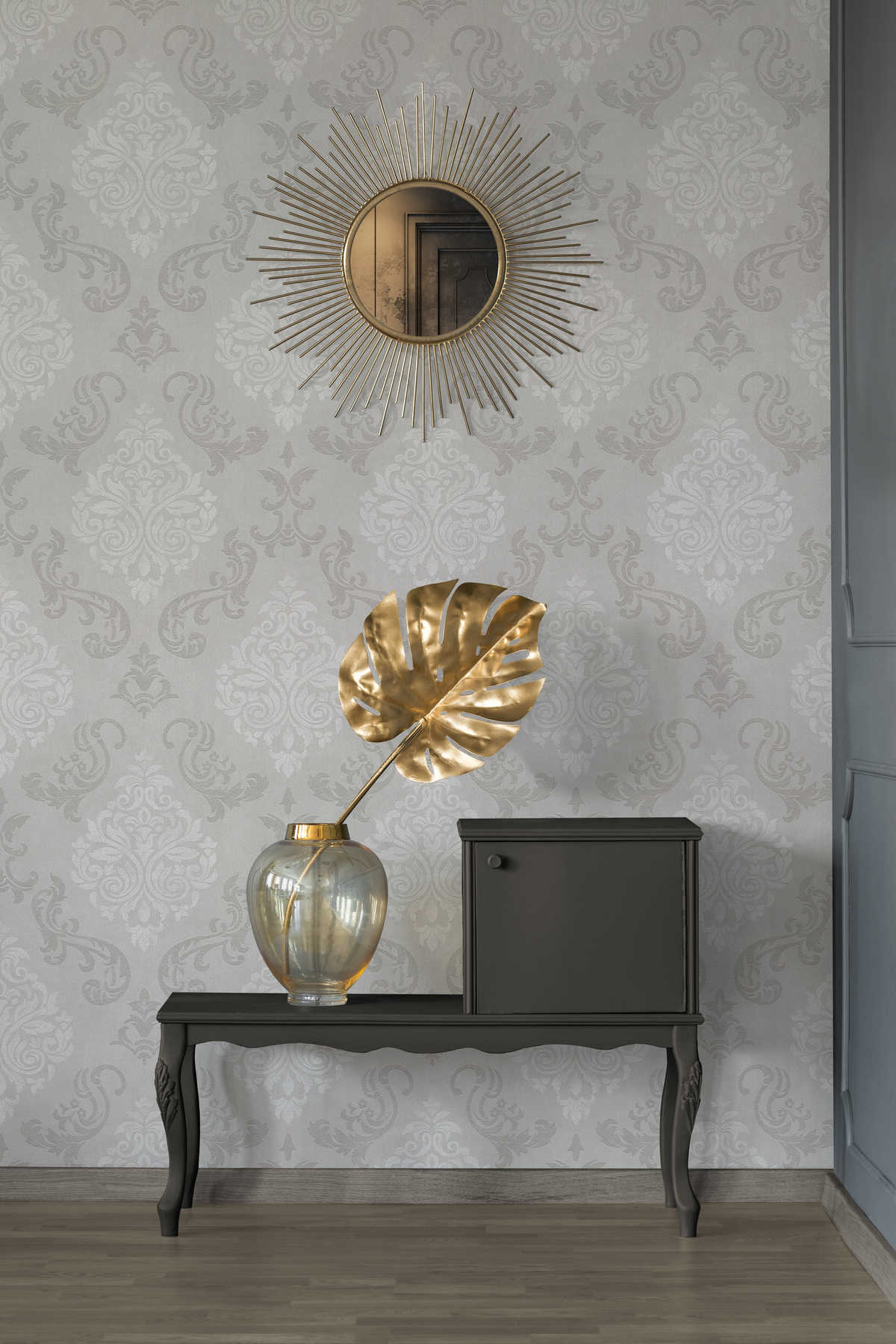             Ornamente Tapete Barock Stil mit Glitzereffekt – Beige, Creme, Metallic
        