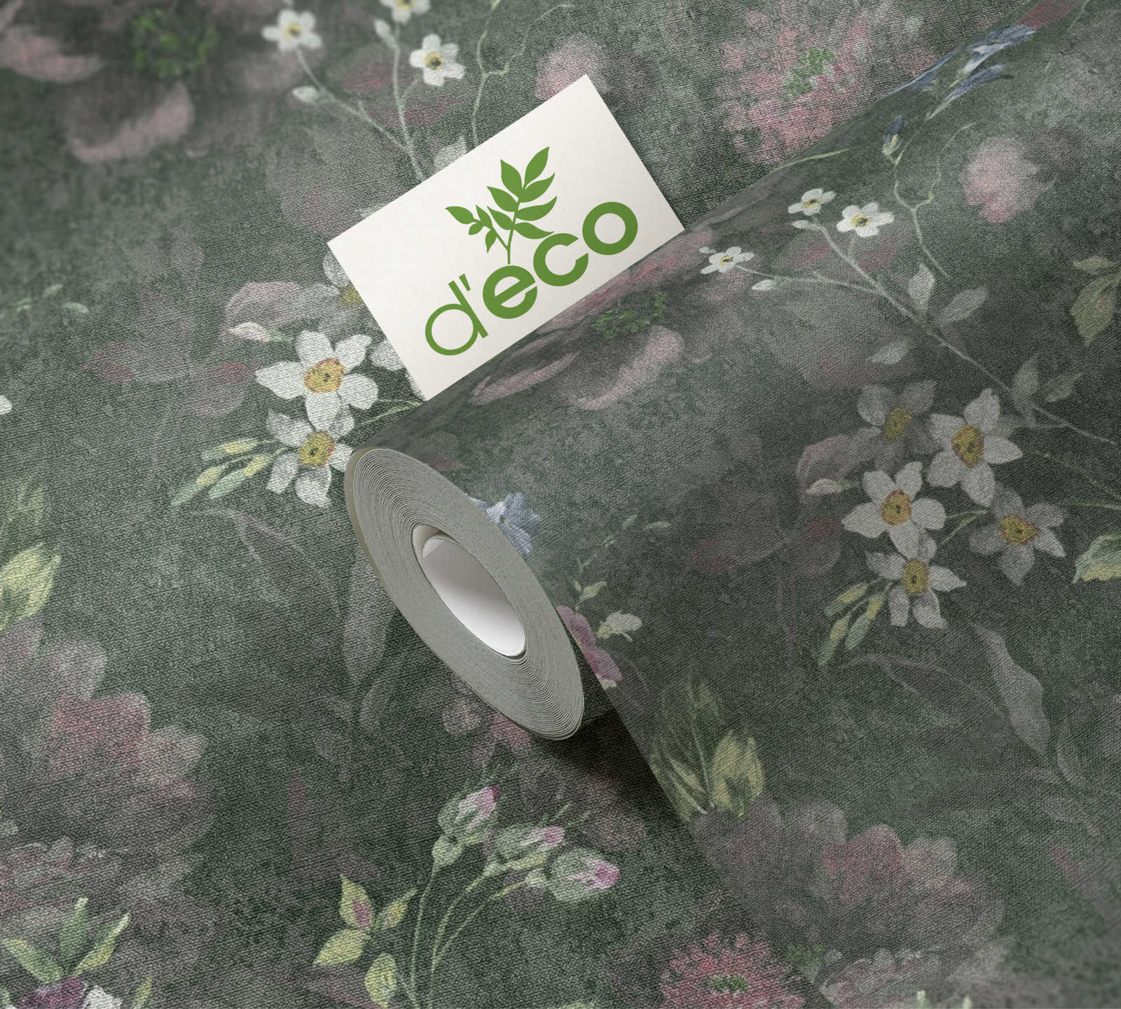             Vliestapete mit gemaltem Blumenmuster PVC-frei – Grün, Weiß, Rosa
        