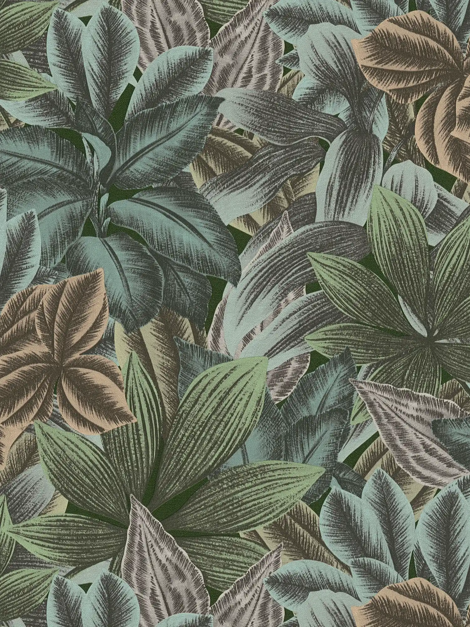 Blattmuster Tapete mit tropischen Look – Grün, Blau, Grau
