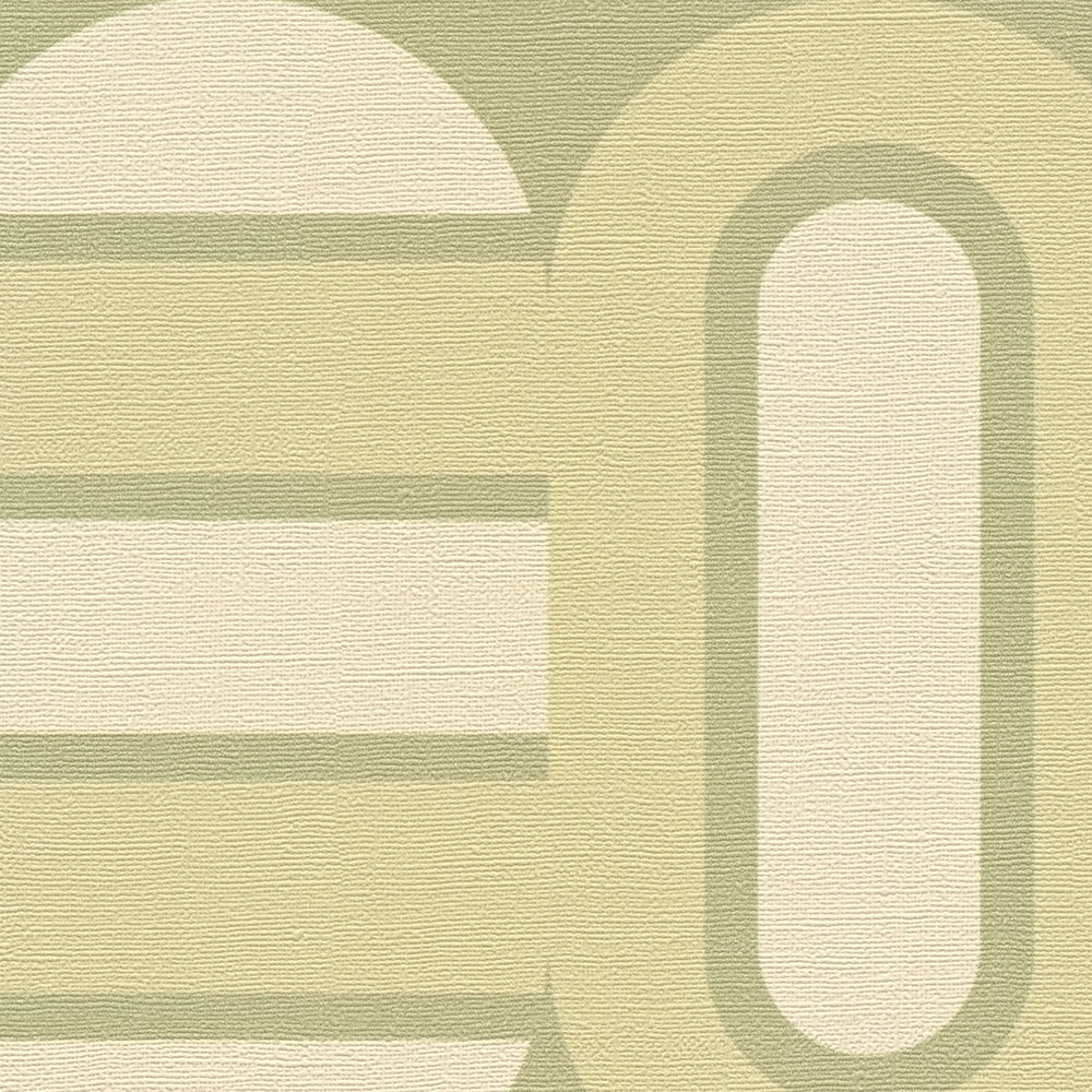             Vliestapete im Retro Stil bemustert mit Ovalen und Balken – Grün, Creme
        