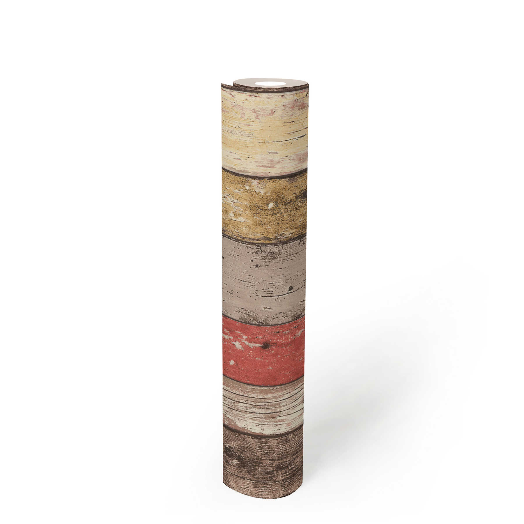             Holztapete mit Used Optik für Vintage & Landhausstil – Braun, Rot, Beige
        