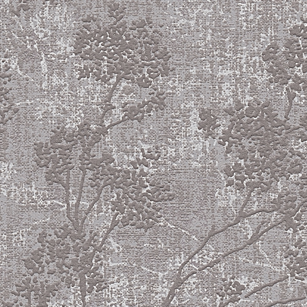             Tapete Blätter Muster in Leinen-Optik – Grau, Braun
        