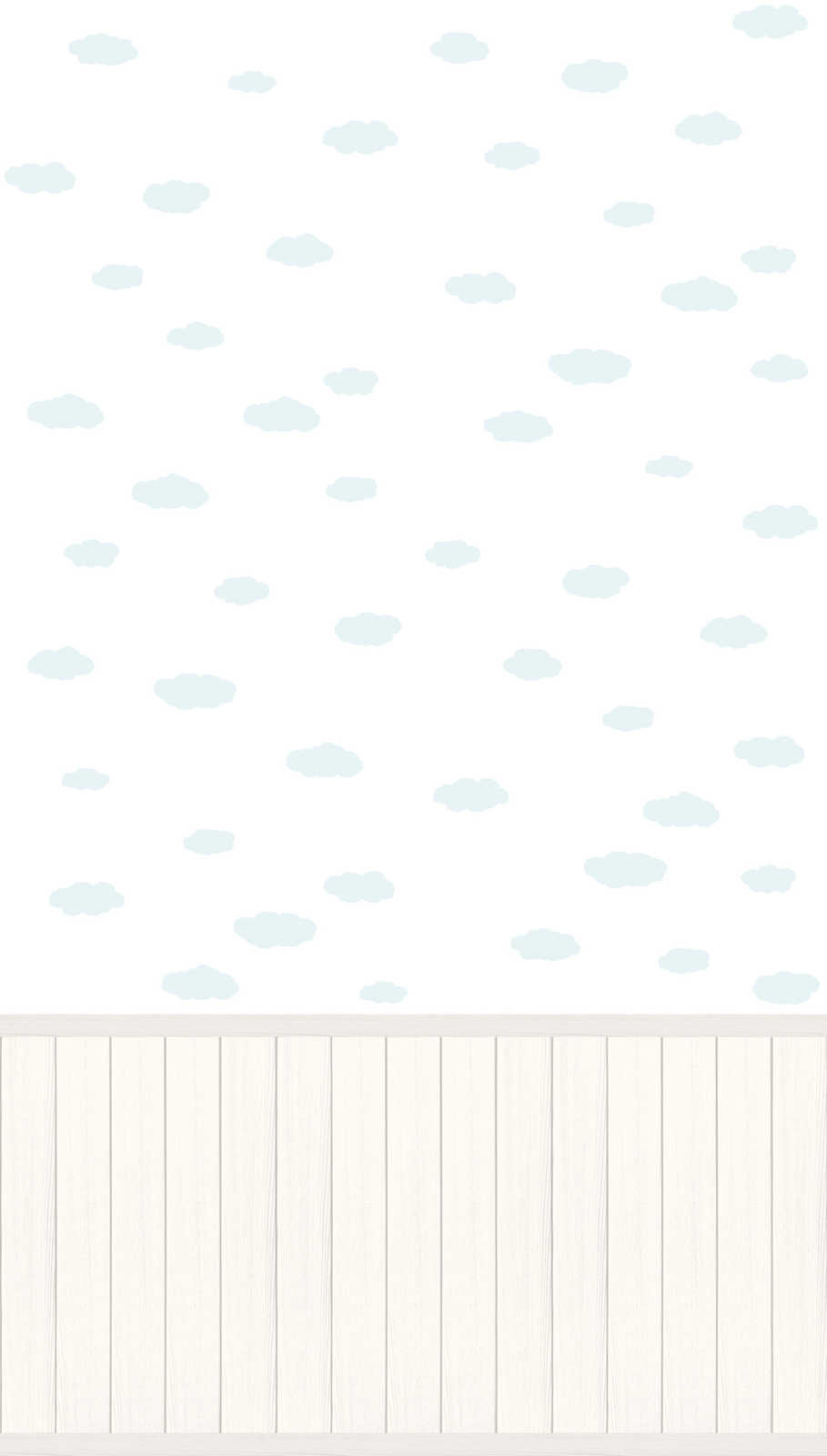             Vlies-Motivtapete mit Holz-Optik-Sockelborte und Wolken-Muster – Weiß, Blau, Grau
        