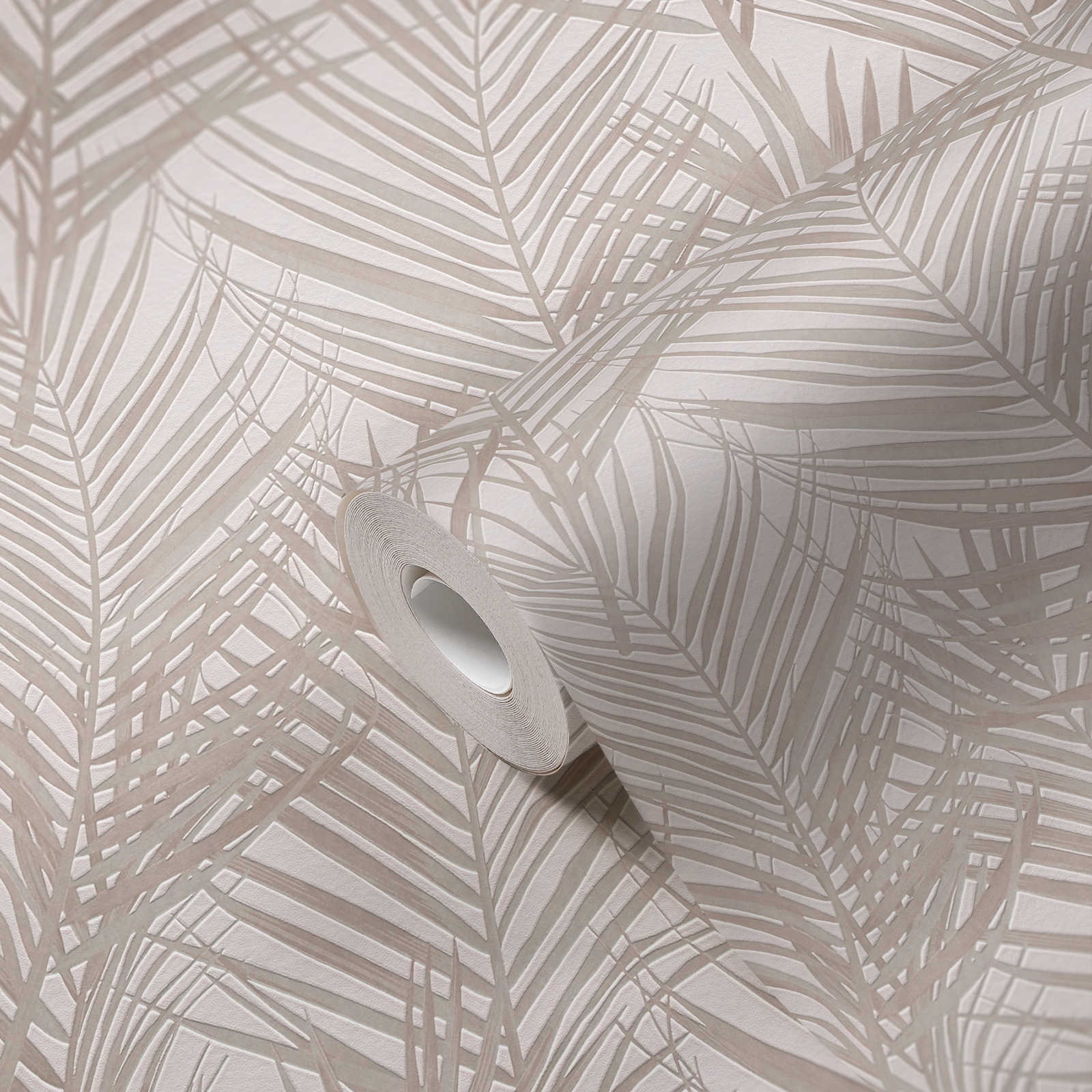             Mustertapete mit Palmenblättern in matt – Weiß, Creme
        