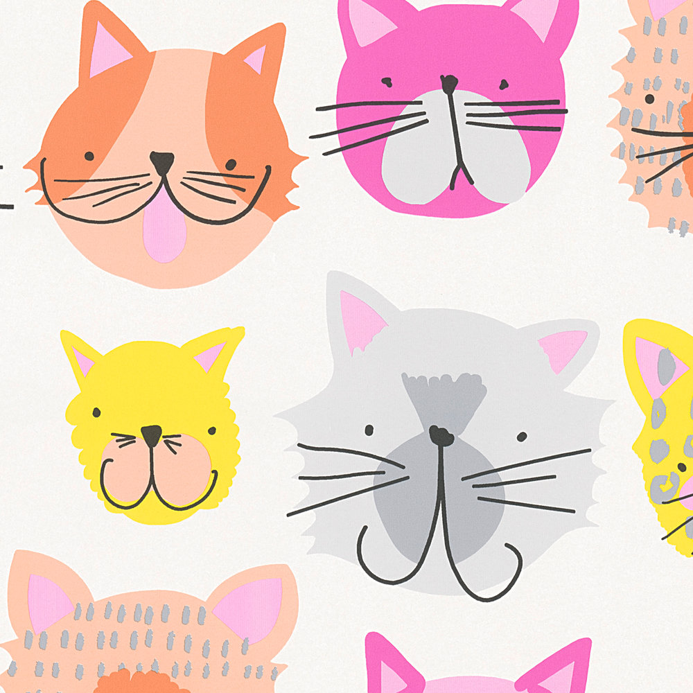             Bunte Katzen-Tapete im Comic Stil für Kinderzimmer – Rosa, Gelb
        