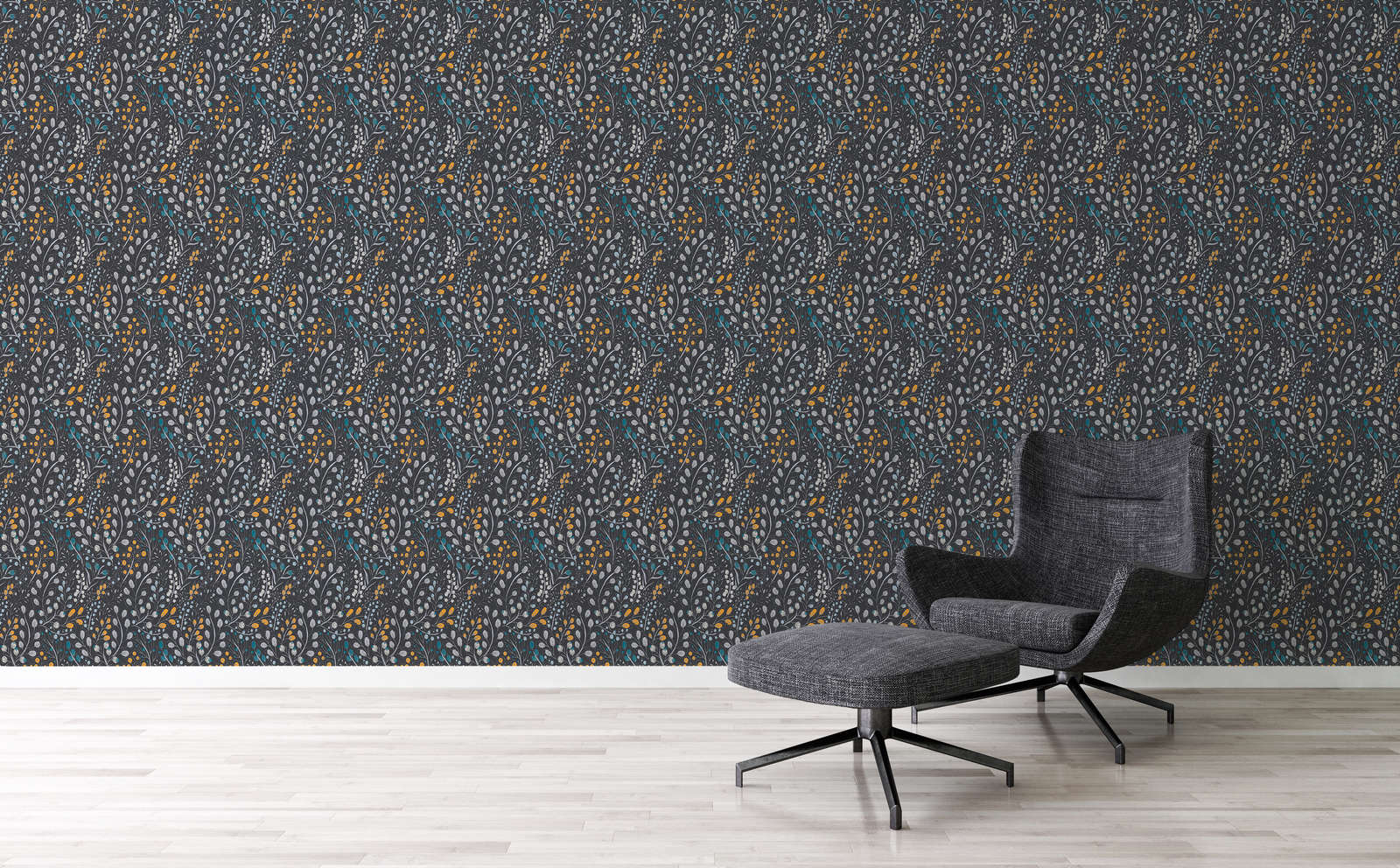             Tapete mit floralem & abstrakten Muster matt – Schwarz, Gelb, Blau
        
