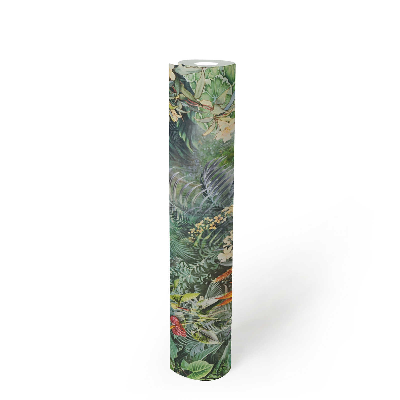             Florale Tapete Dschungel Tiere & Pflanzen – Grün, Grau
        