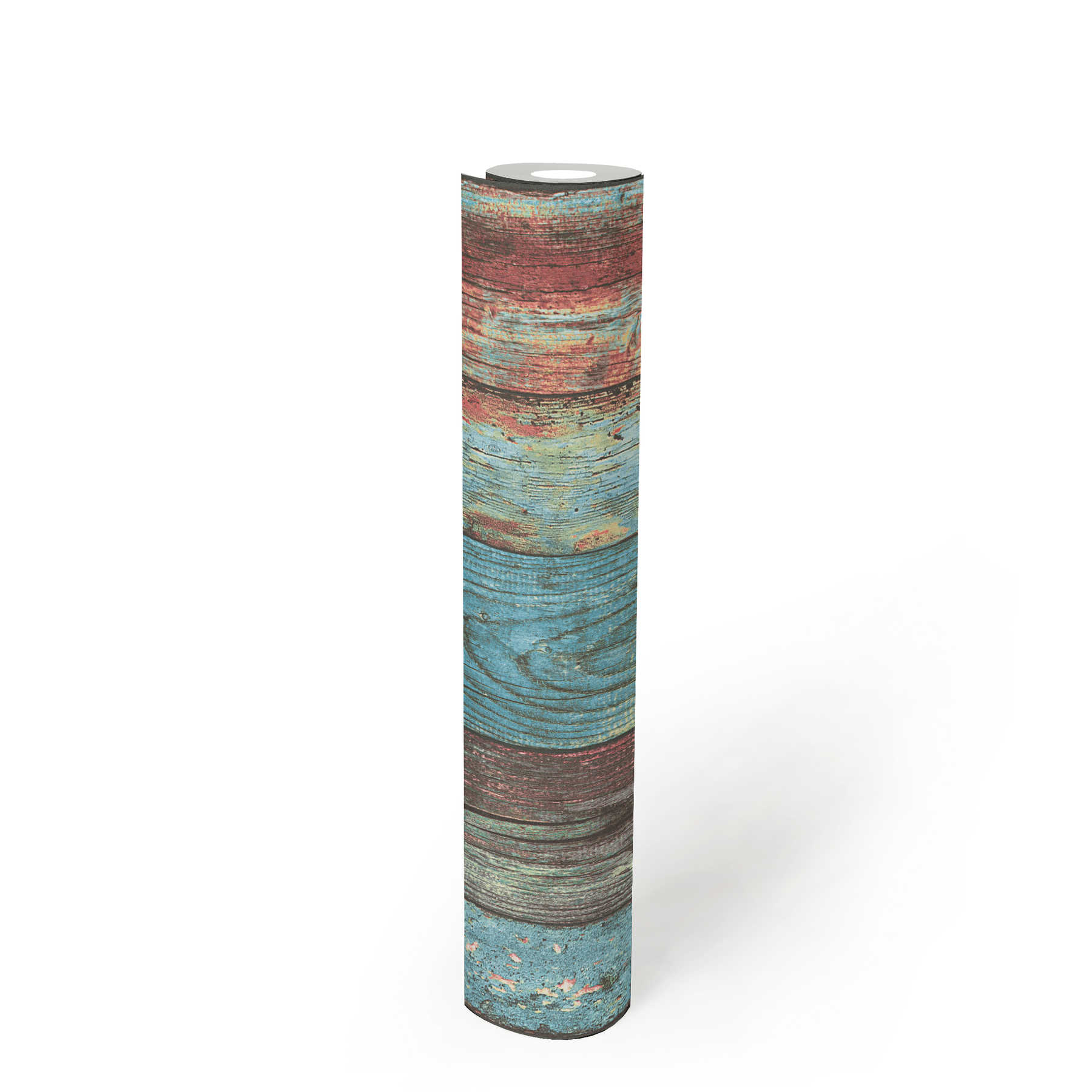             Bunte Holztapete Shabby Chic Style mit Bretter-Muster – Blau, Rot, Braun
        