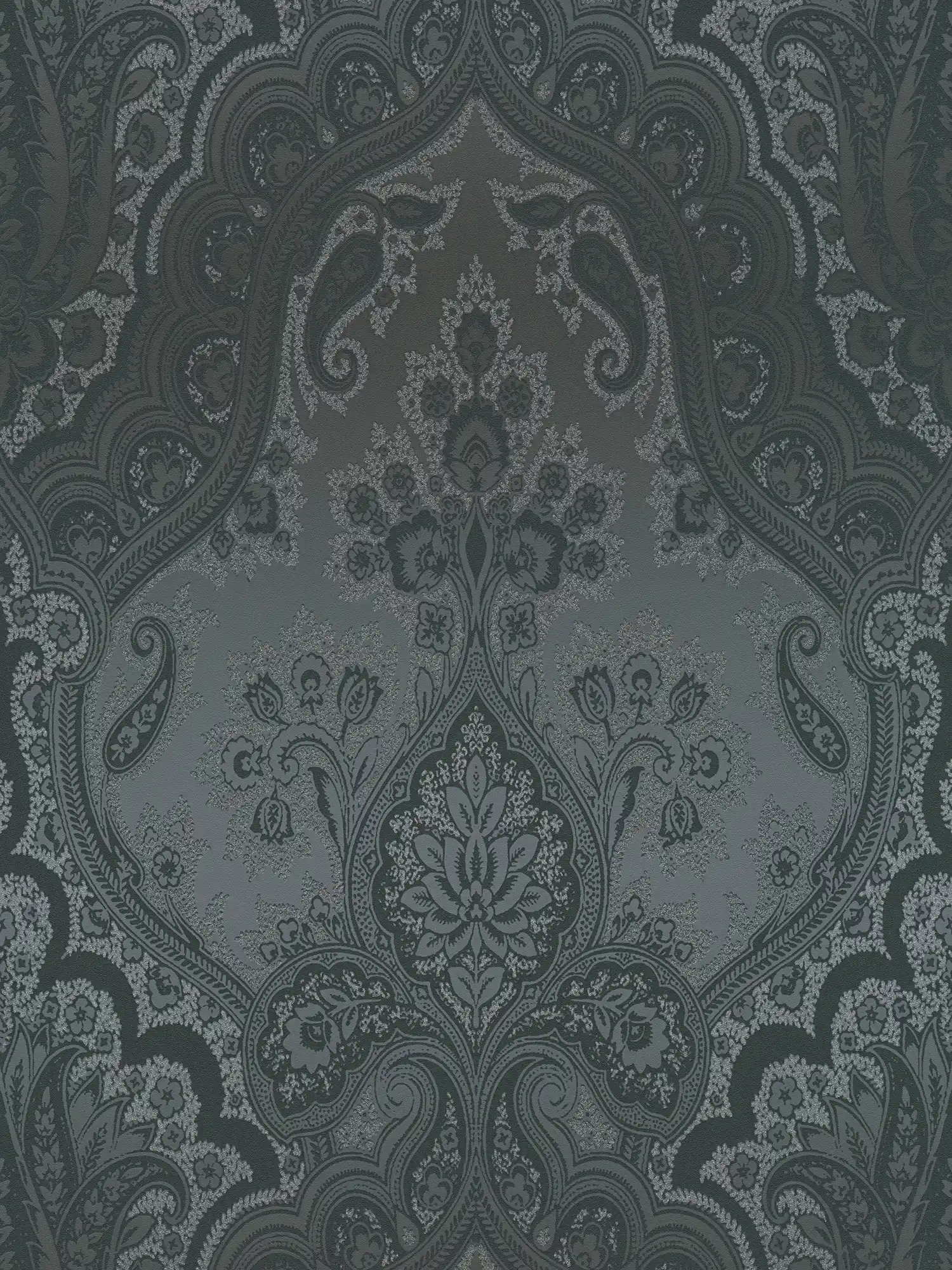 Schwarze Tapete mit Ornamentmuster & Silber Effekt – Metallic, Schwarz
