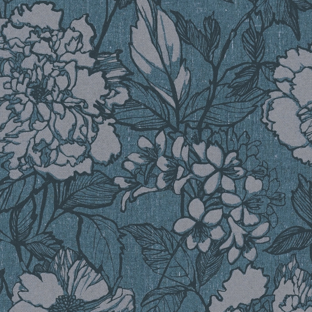             Textiloptik Tapete Petrol mit Blumenmuster – Blau, Grau
        