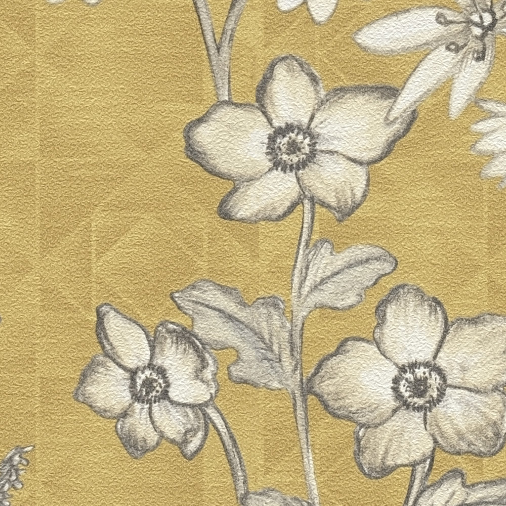             Vintage Vliestapete mit Blumenmuster – Gelb, Weiß, Grau
        