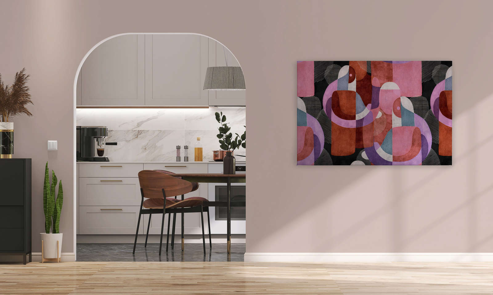             Meeting Place 2 - Leinwandbild abstraktes Ethno Design in Schwarz & Rosa – 1,20 m x 0,80 m
        