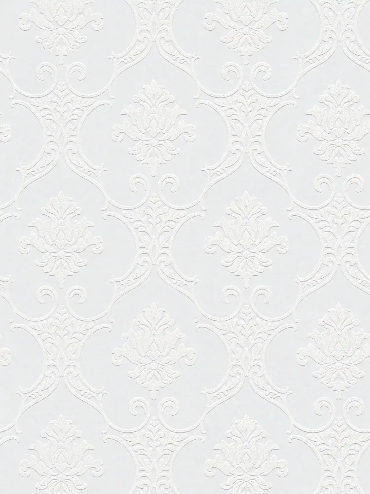         Überstreichbare Ornament Tapete mit 3D Struktur – Weiß
    