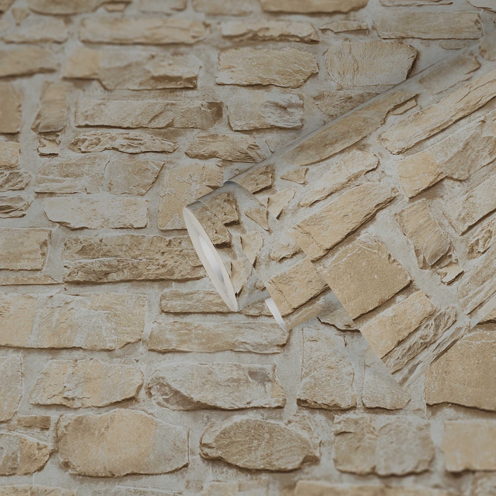             Selbstklebende Tapete | Naturstein-Mauer in 3D Optik – Beige
        