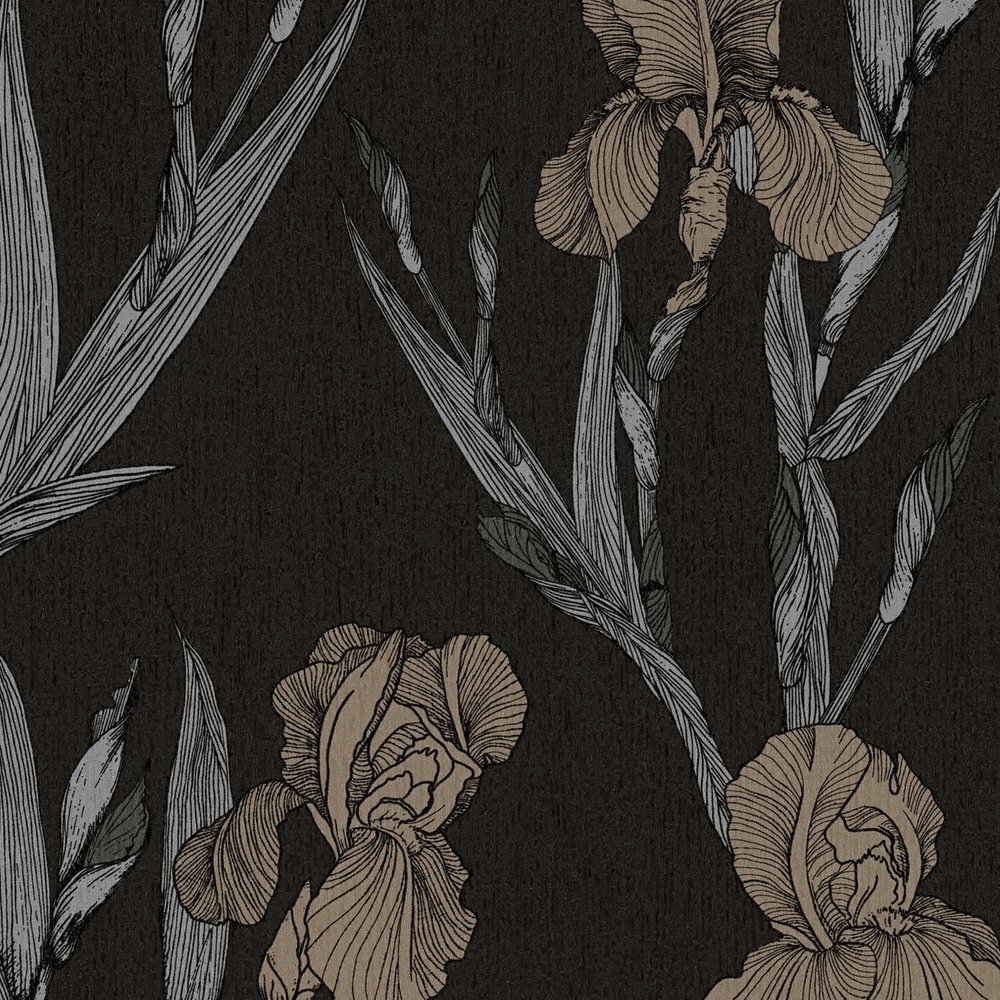             Florale Mustertapete mit Blüten im Zeichenstil – Schwarz, Grau, Braun
        