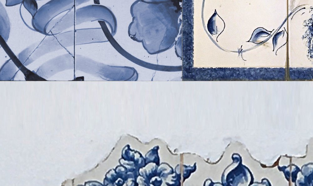             Azulejos 1 - Fototapete Fliesen Collage Retro Stil – Beige, Blau | Perlmutt Glattvlies
        