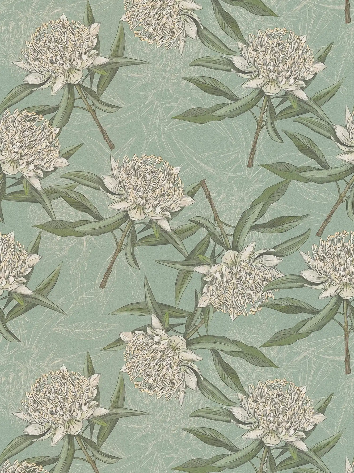 Florale Tapete mit Blättern & Blumen strukturiert matt – Blau, Grün, Weiß
