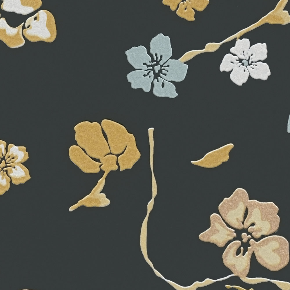             Blumentapete mit Glanzeffekt & Strukturmuster – Schwarz, Gold, Türkis
        
