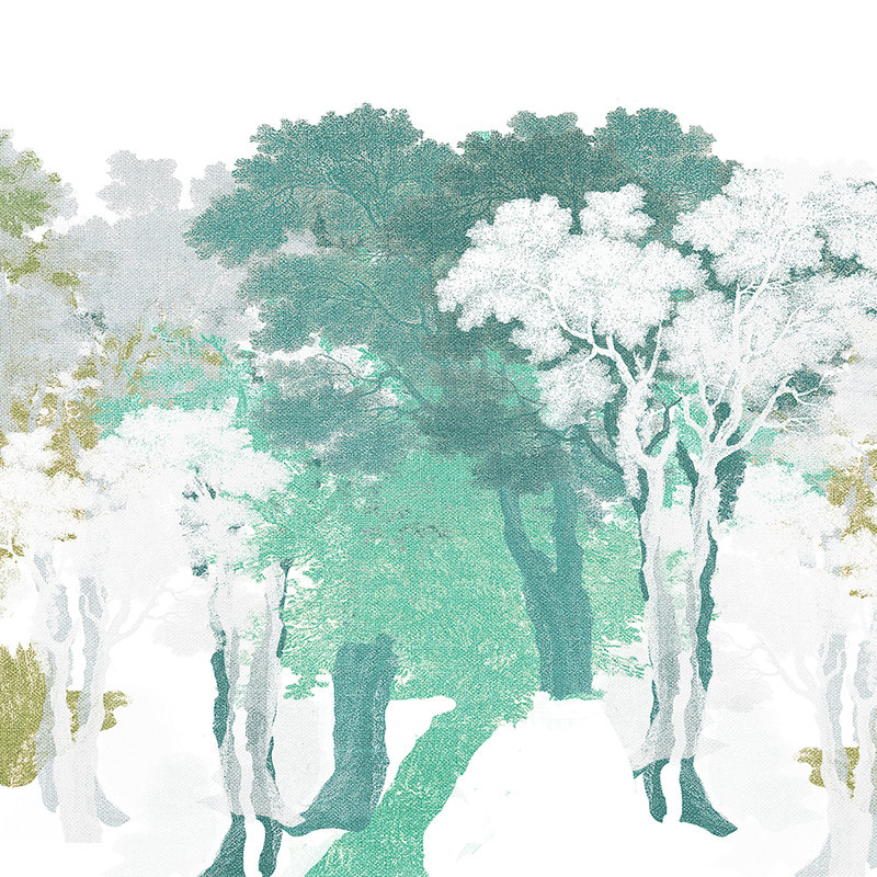 Fototapete mit Baum-Motiv, Wald & Leinenoptik – Grün, Weiß, Grau
