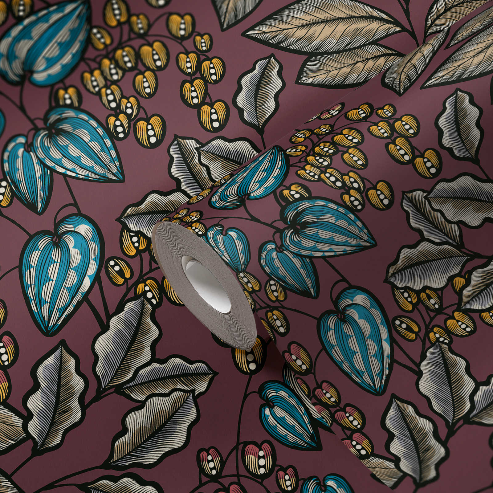             Florale Tapete Lila mit Blätter Print im Scandinavian Stil
        