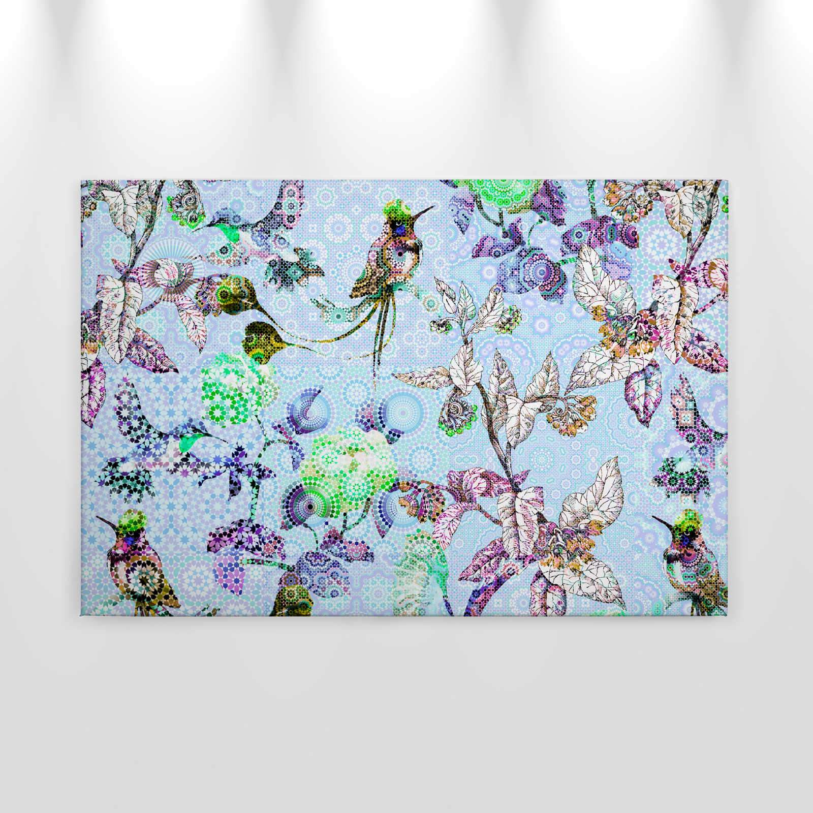             Leinwandbild Blumen & Vögel im Mosaik Stil – 0,90 m x 0,60 m
        