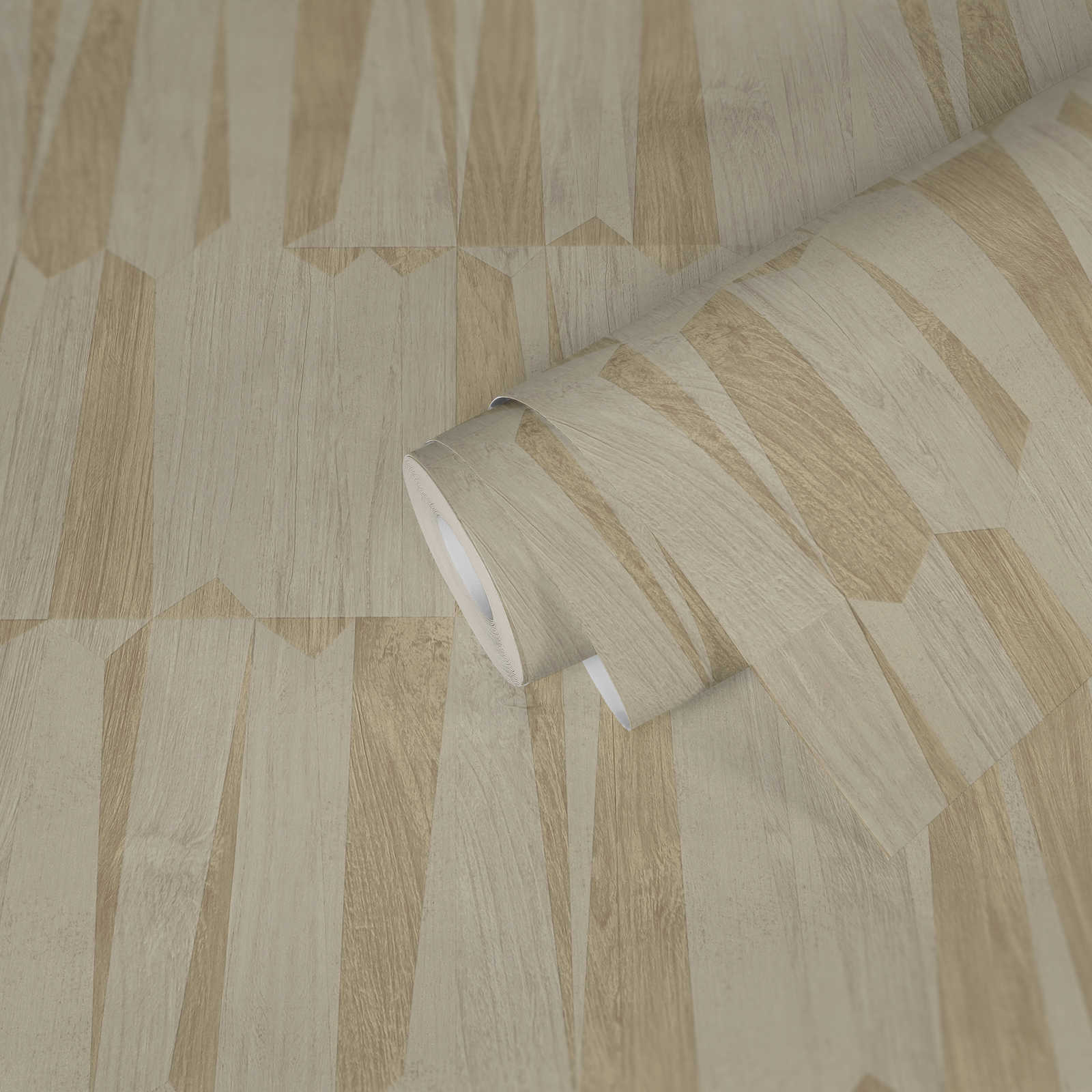             Metallic Tapete mit Holzoptik im Facetten-Muster – Beige, Grau
        